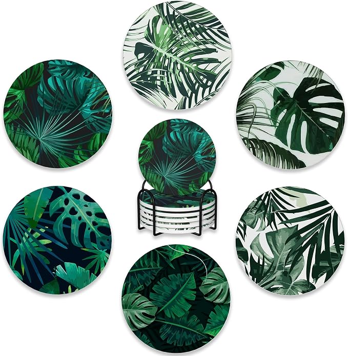 Drink Coasters Set of 6 with Holder, Tropical Palm Leaves Green Absorbent by BUYIDUI