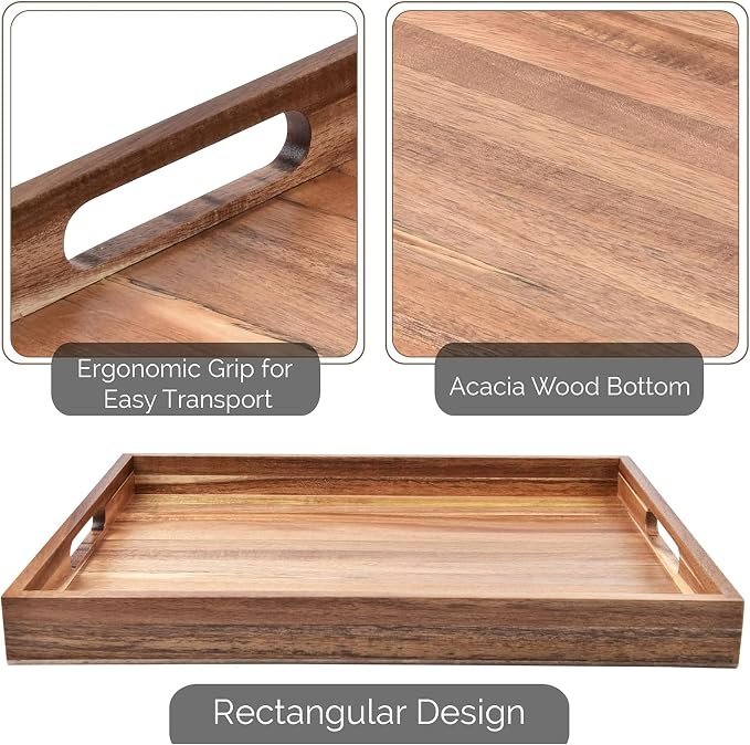 Acacia Wood Serving Tray with Handles Set of 2 – Decorative Serving Trays - Image 6