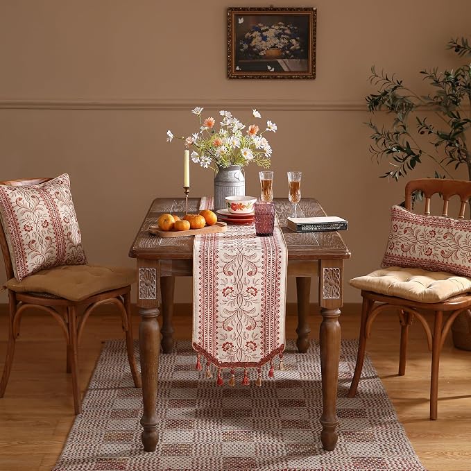 Designer Vintage Linen Table Runner, Floral Pattern, Dining Table, Thanksgiving - Image 3