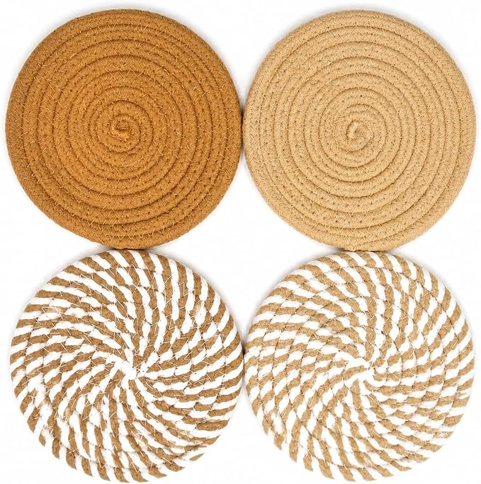 Boho Drink Coasters Set of 4, 4.8 Inch Absorbent Cotton Woven Coasters by HIYALOT