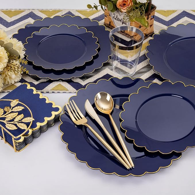 LIYH 210pcs Navy Blue & Gold Scalloped Plastic Plates, Premium Dinnerware | - Image 4