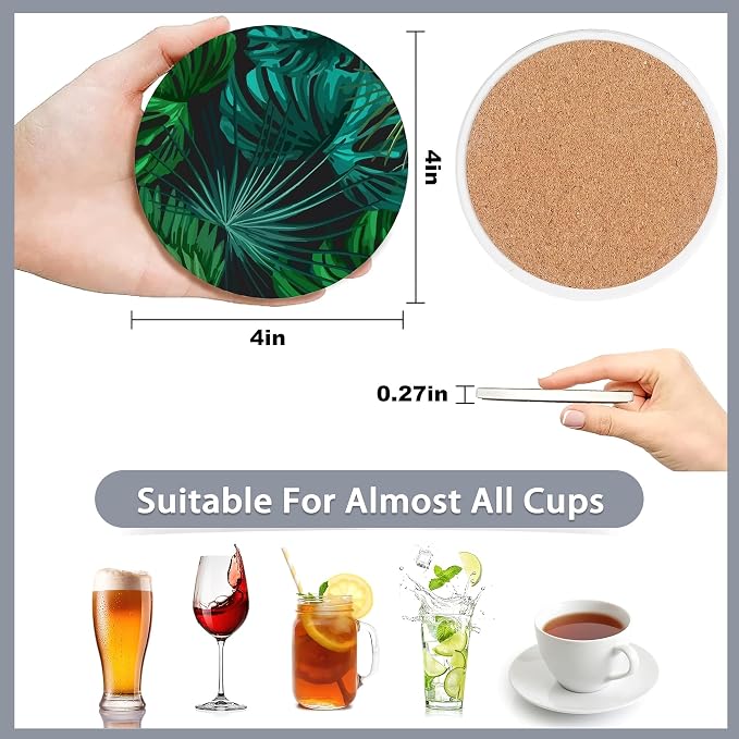 Drink Coasters Set of 6 with Holder, Tropical Palm Leaves Green Absorbent - Image 2