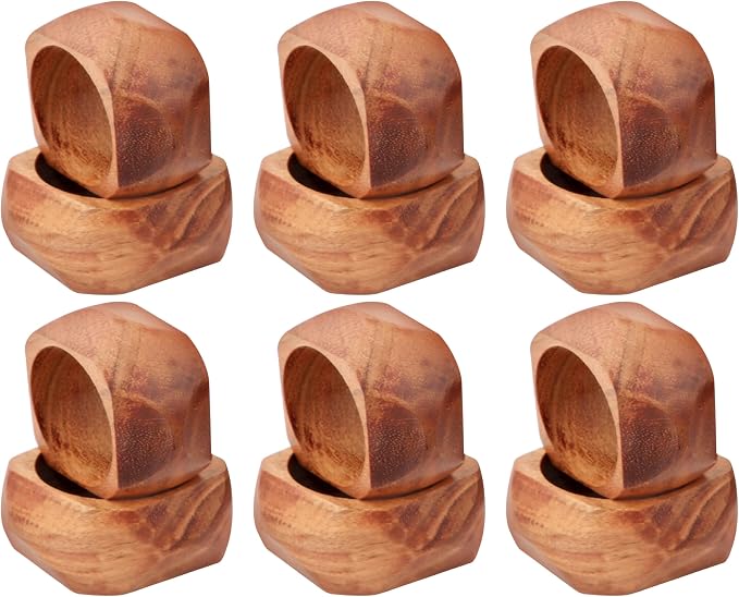 Square Acacia Wood Napkin Rings, diamond-cut edge, natural grain finish by CLEENTABLE