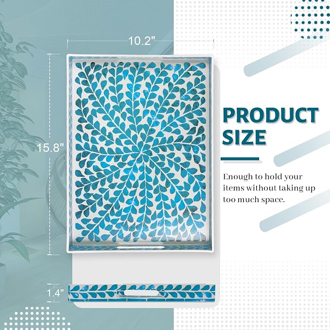 Plastic Serving Tray with Handles, Rectangle Blue Decorative Tray | Coffee - Image 2
