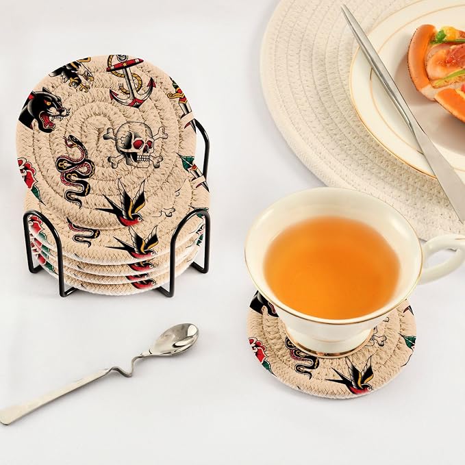 YETTASBIN Old School Tattoo 6 Pcs Drink Coasters - Image 5