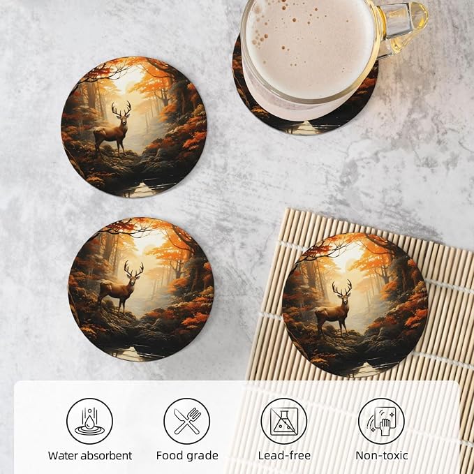 Forest Deer Animal Coasters for Drinks Absorbent Round Ceramic Coasters Set of - Image 5