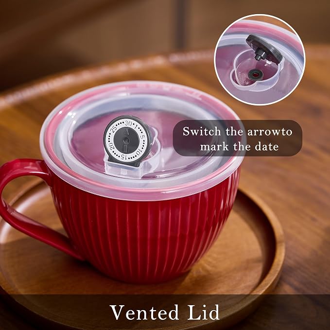 Red Ceramic Soup Bowl with Handle & Lid, 24oz Jumbo Soup Mug - Image 4