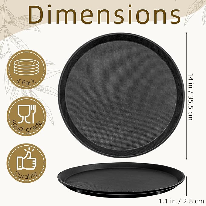 14 Inch Round Non-Slip Serving Tray | 4 Pack Plastic Rubber Food Serving Platter - Image 2