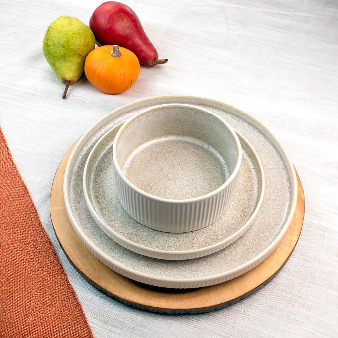Sango 12 Pieces Stoneware Fluted Dinnerware Set, Modern Cream Dishes - Image 5