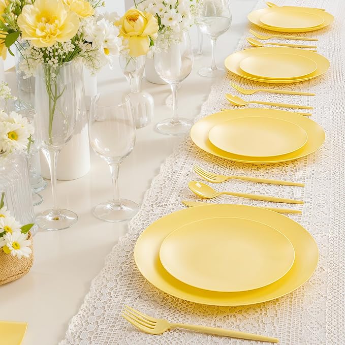 EI 150pcs Yellow Plastic Plates, Heavy Duty Bright Disposable Plate, Fancy - Image 3