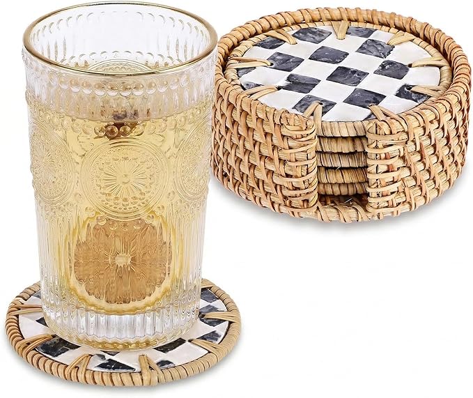 Boho Coastal Coasters Set of 6, Handwoven Rattan Coasters by Unknown