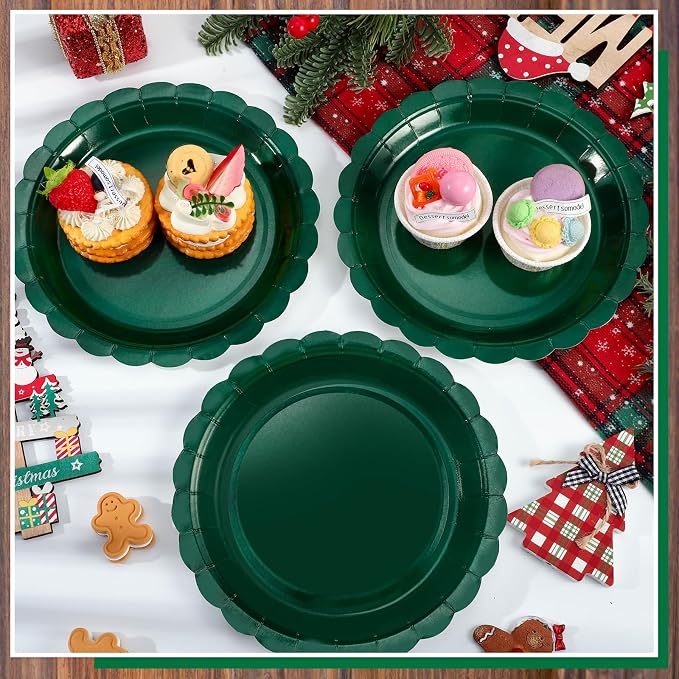 NatNarr 30 Pcs Dark Green Plates 9 Inch Scalloped Green Paper Plates | - Image 4