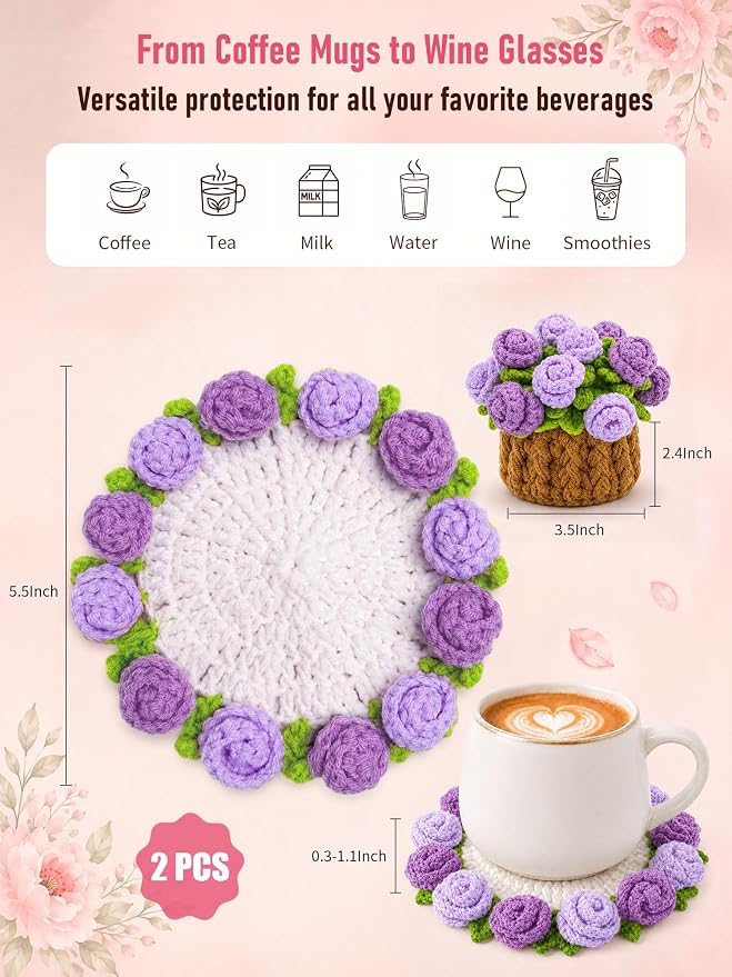 Crochet Flower Bouquet Coasters, Cotton Rose Gifts - Image 2