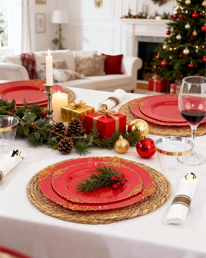 Nervure 100Pcs 10.25'' Red Plastic Plates, Heavy Duty Disposable Plates - Image 9