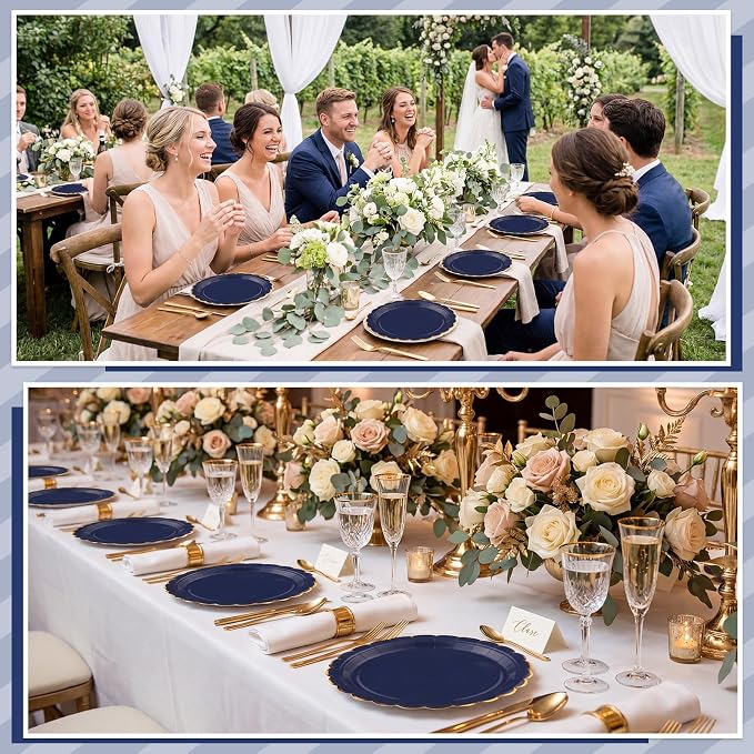 NatNarr 30 Pk Navy Blue Paper Plates 9" Scalloped Blue Gold Party Plates | Cute - Image 6
