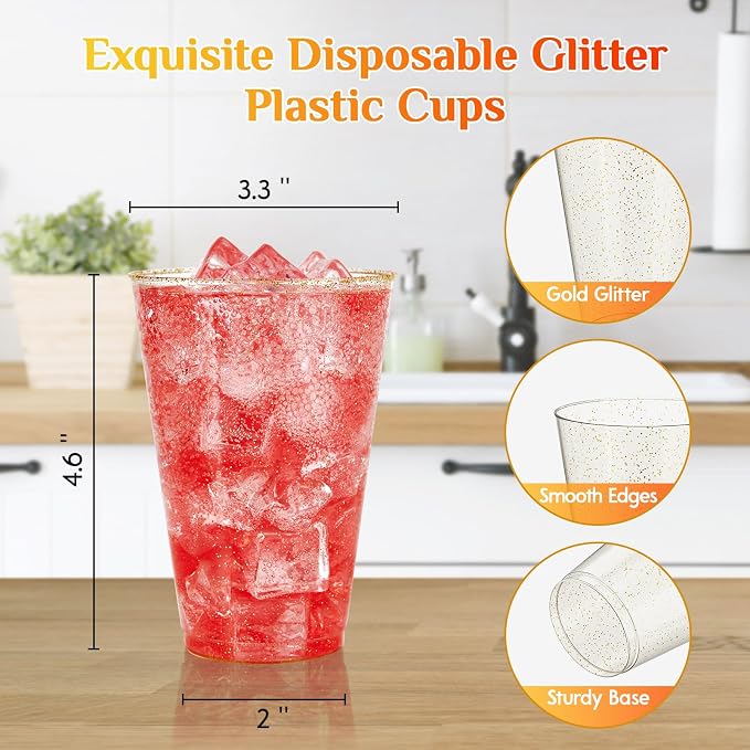Vplus 100 Pack 14 OZ Gold Glitter Disposable Plastic Cups Glasses - Image 2