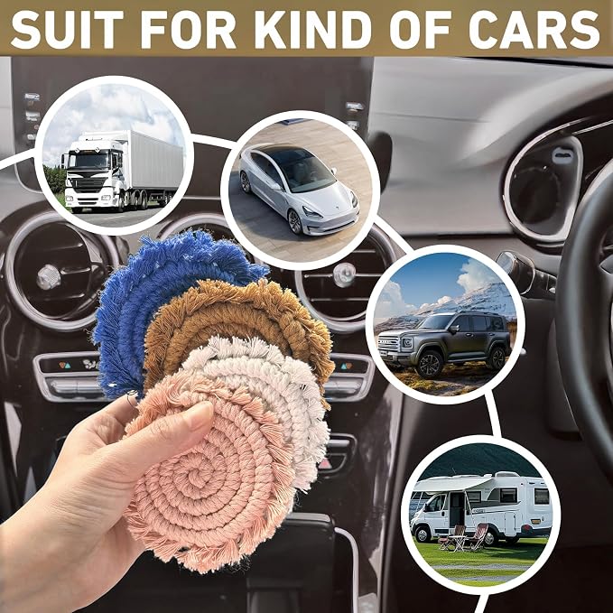 Coomin Car Coasters for Cup Holders, 3.8in 2p Beige | Absorbent Macrame Drink - Image 3