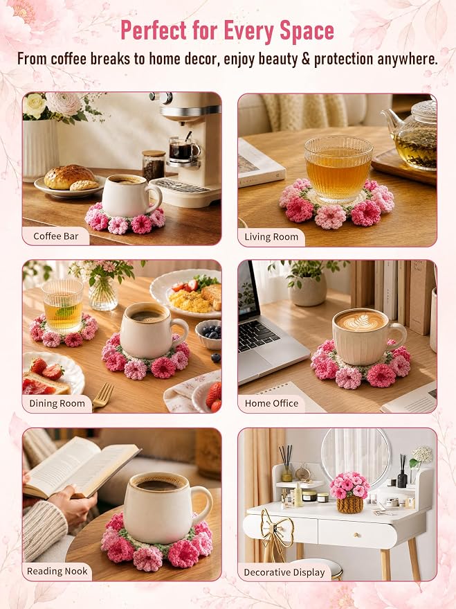 Crochet Flower Bouquet Coasters, Cotton Tulip Gift - Image 8