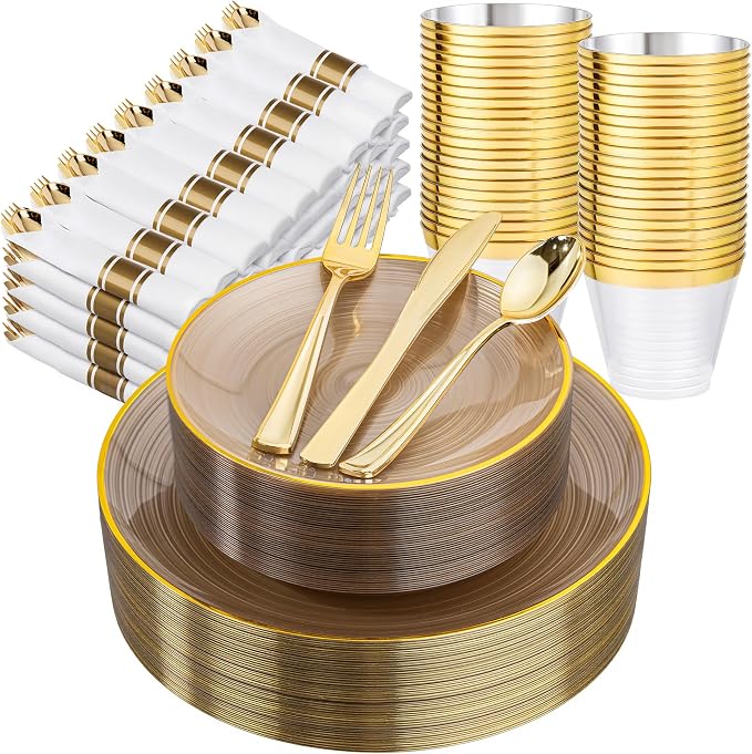 Morejoy 350PCS Clear Brown Plastic Plates by Morejoy