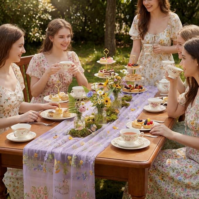 Purple Floral Table Runner 10ft Embroidery Tulle Spring Wildflower Gauze Table - Image 3