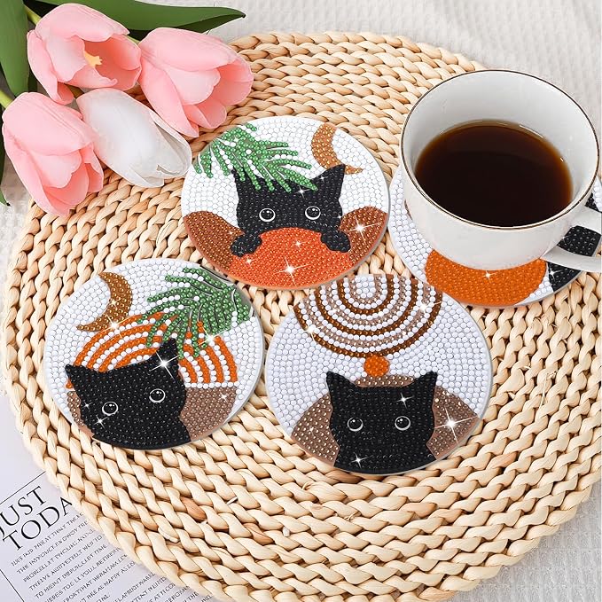 8 Pcs Boho Diamond Art Painting Coasters Holder Black Cat | Abstract Diamond - Image 5