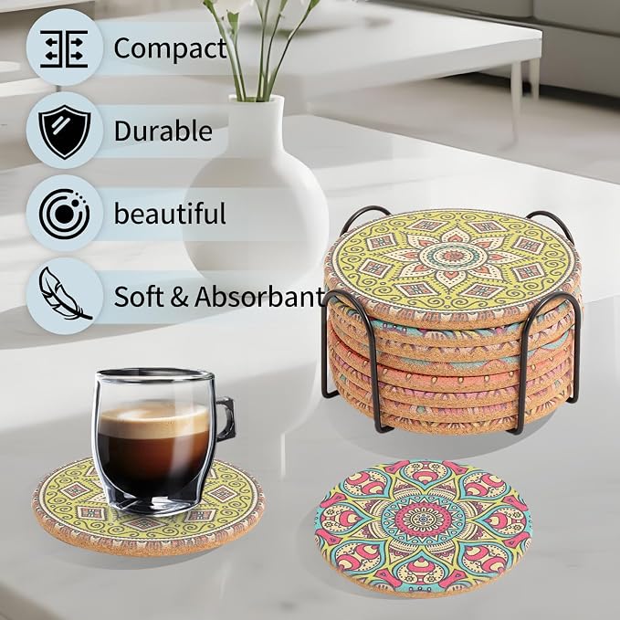 Cork Coasters Set of 8 with Holder, Colorful Cup Coasters - Image 6