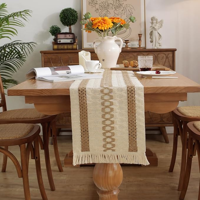 Boho Table Runner with Tassels 12 x 132 Inches Long, Cream & Brown Rustic - Image 3
