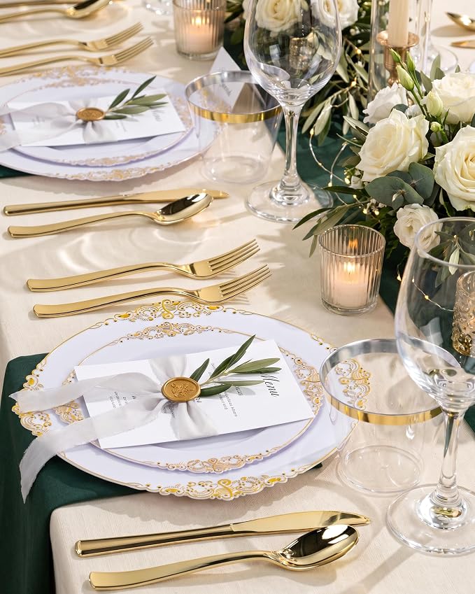 Nervure 600Pcs Gold Plastic Plates, Plastic Dinnerware Set - Image 4