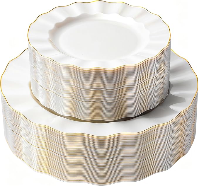 120PCS Pearl White Plastic Plates, Wavy Plates by QualQuot