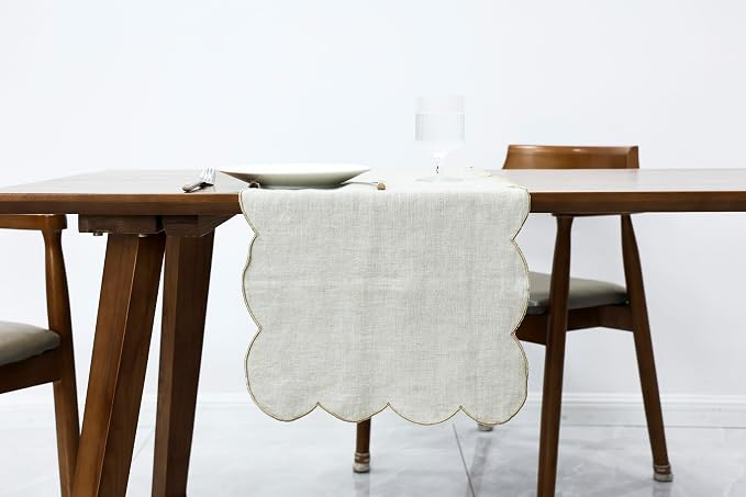 100% Natural Linen Rustic Scalloped Embroidery Table Runner 72 Inches Long by AORISSI