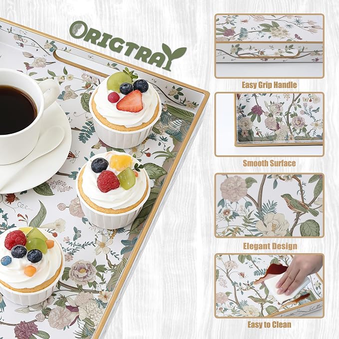 Serving Tray with Handles, Rectangular Plastic Tray 15.75x11.81 Inch, Floral - Image 5