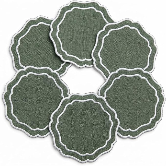 Linen Coasters for Drinks, 4.5 inch, Sage | Absorbent Linen Drink Mats by EmbroideryLinenVN
