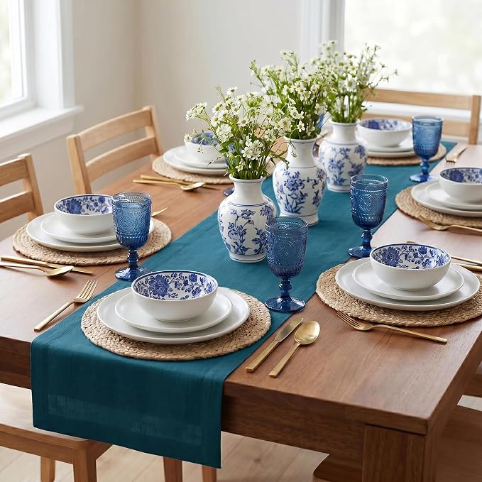 Solino Home 100% Pure Linen Table Runner Blue, Fete 14 x 132 Inch Long | Table - Image 2