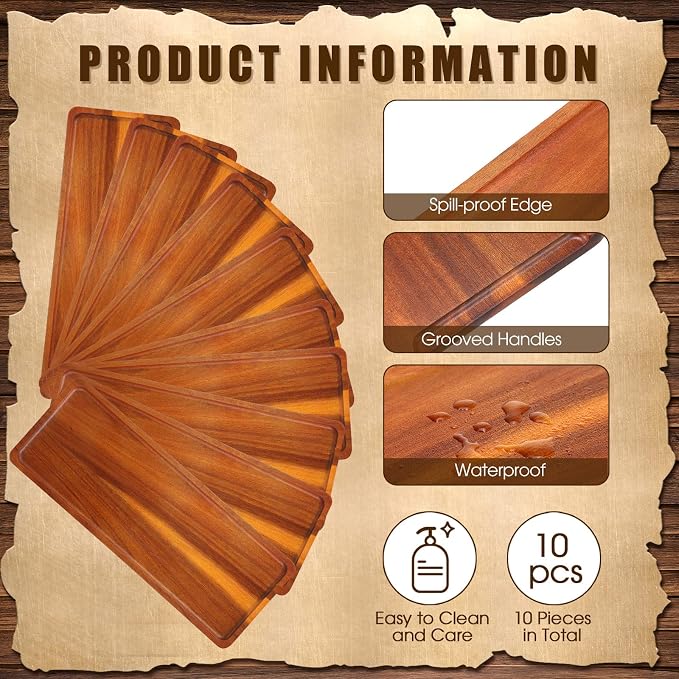 10 Pack Solid Wood Serving Trays 16.7 x 6.4 Inch Acacia Wooden Server Platter - Image 2