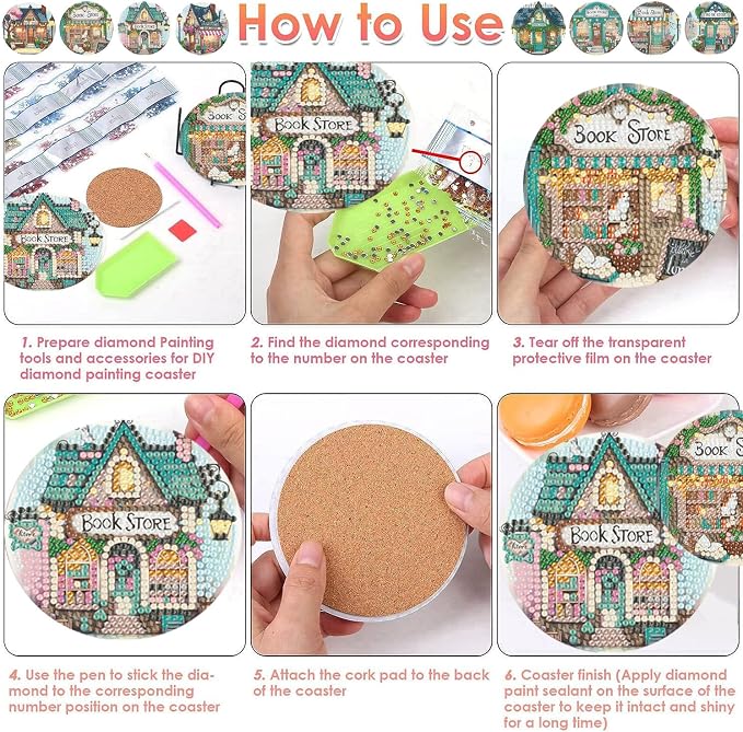 ijbnhd Diamond Art Coasters Kits, Book Store, 4x4 inch | Cork Wooden Pad - Image 7