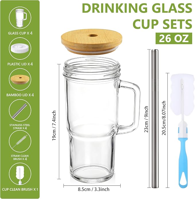 Birity Glass Cups with Lids and Straws, 24oz Glass Tumbler With Handle - Image 4