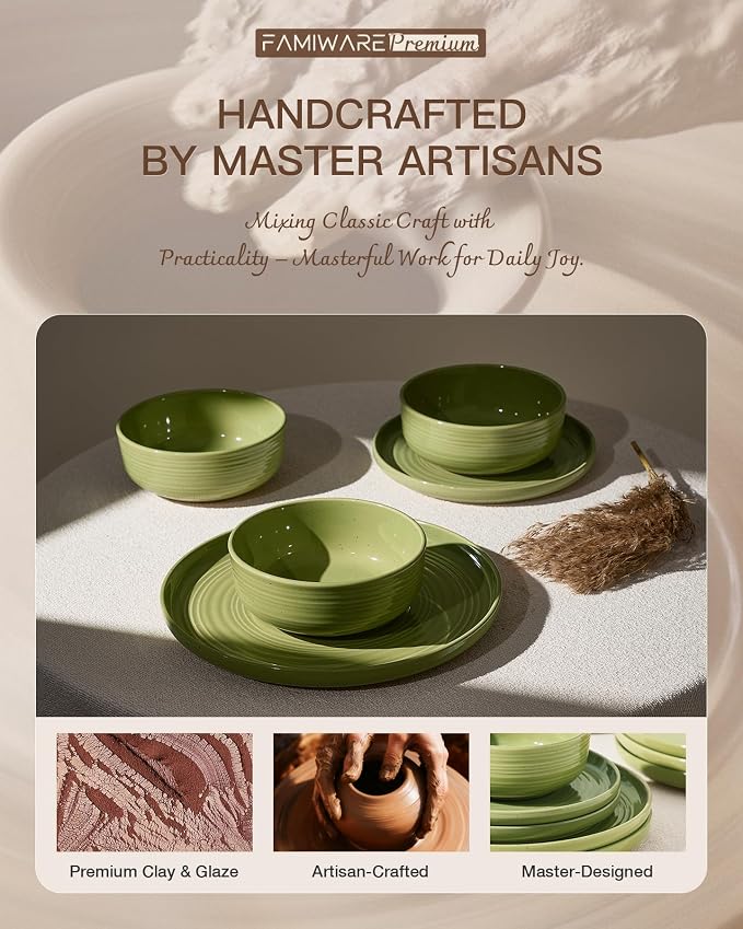 Dinnerware Sets for 6, Ceramic Plates & Bowls, Olive Green | 18-Piece Ceramic - Image 5