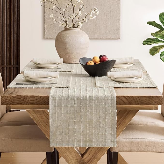 Artisanal Grid Linen Table Runner, 13x60 Inches Neutral Beige | Heavy Textured - Image 4