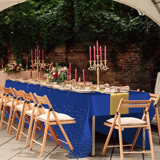 8Pack Disposable Plastic Tablecloths and Satin Table Runner Set Blue and Gold - Image 7