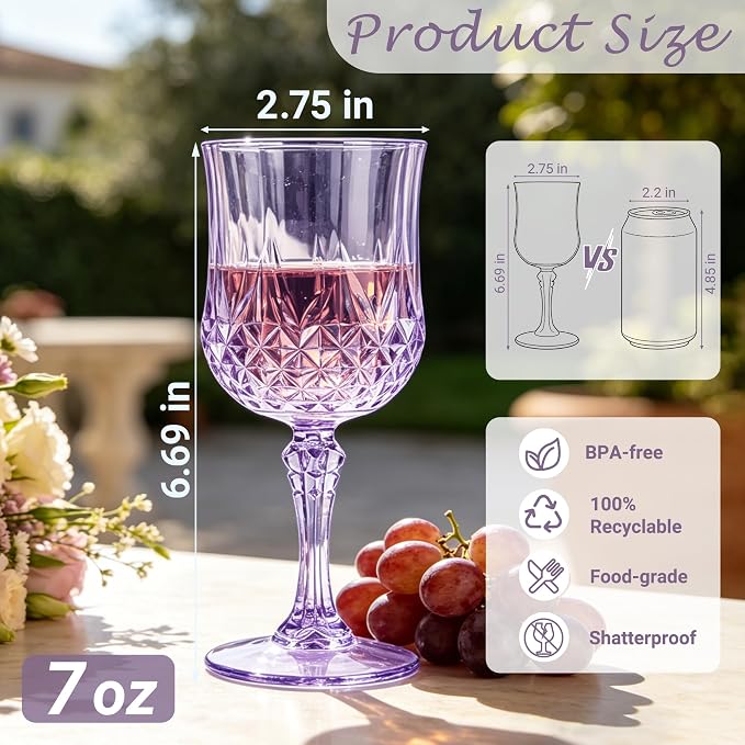 12Pack Plastic Wine Glasses, 7oz Vintage Goblets - Image 2