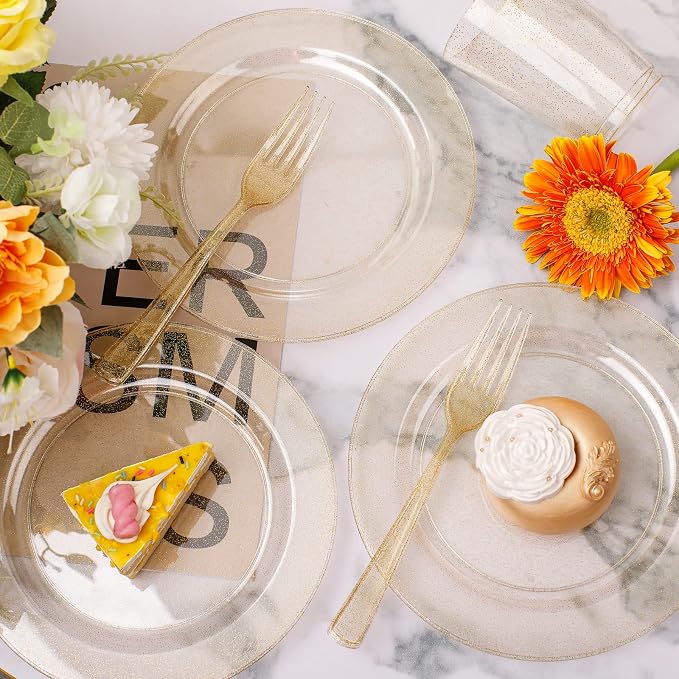WELLIFE Gold Glitter Plastic Plates, 50 cups and 50 forks - Image 9