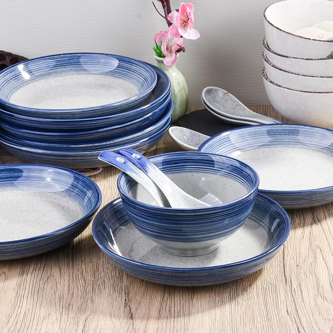 4-Piece Blue Ceramic Dinnerware Set, Japanese Hand-painted Porcelain Tableware - Image 3