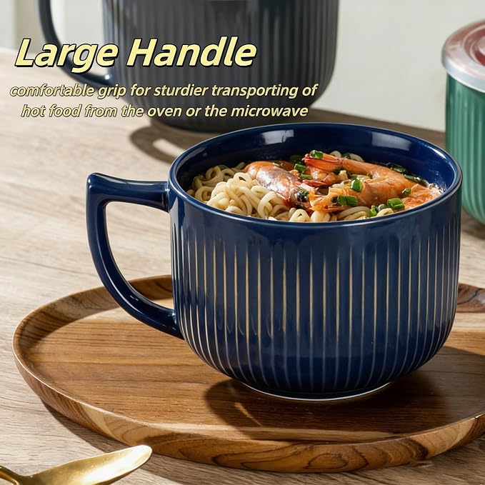 Ceramic Soup Bowl with Handle&Lid, Jumbo 38oz Microwave Ramen Bowl Set of 2 | - Image 4