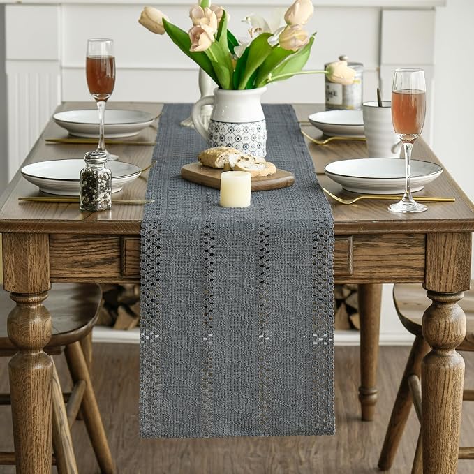 Artoid Mode Dark Grey Woven Farmhouse Hollow Table Runner 12x48 Inch | Holiday - Image 3