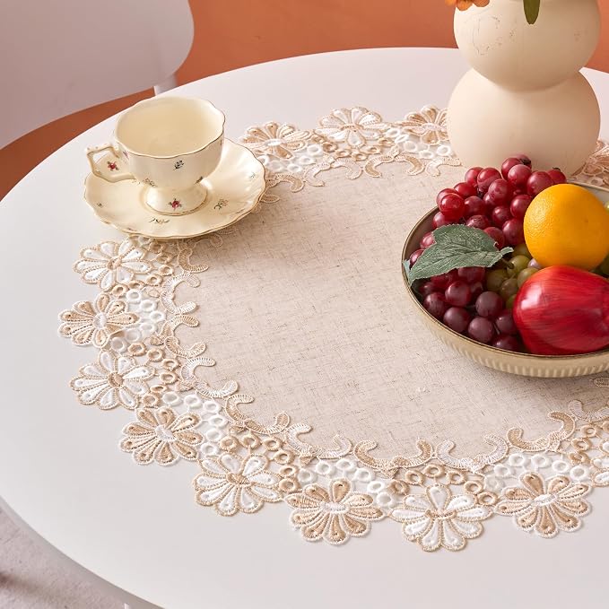 European Antique Jacquard Lace Table Doilies, Small Farmhouse Linen Embroidered - Image 8