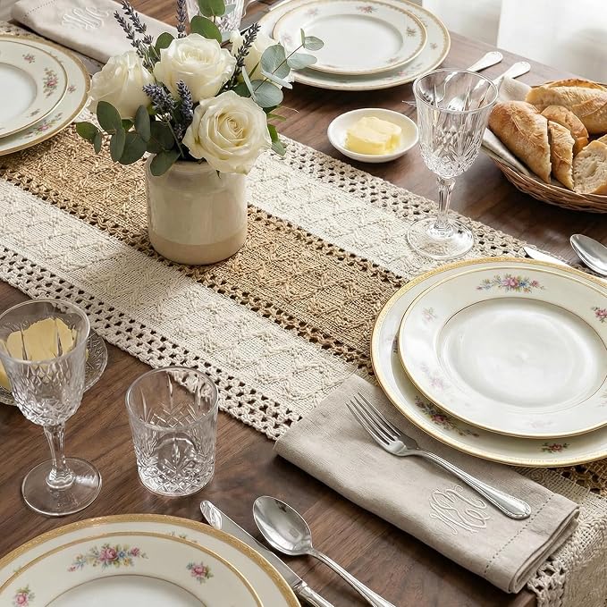 Burlap Boho Table Runner Macrame Brown 48in Farmhouse Woven Runner | Burlap - Image 5