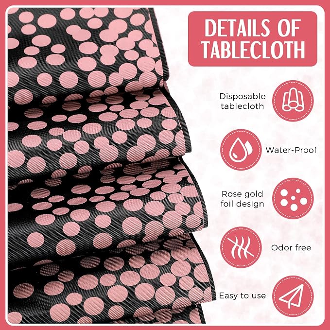 8 Pack Black and Rose Gold Disposable Plastic Tablecloths and Satin Table - Image 4