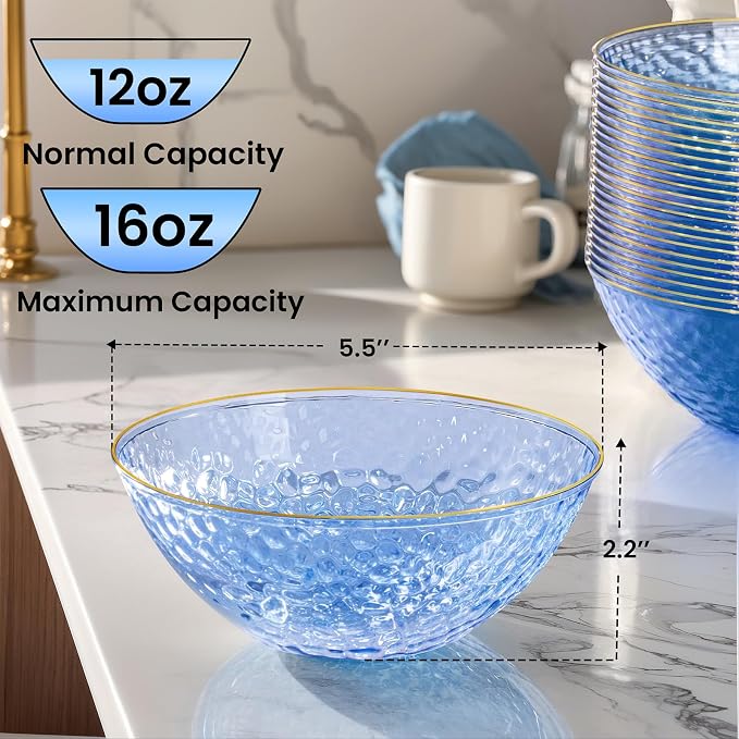 50 Pack 12 Ounce Blue Plastic Bowls Hammered Clear Bowl - Image 6