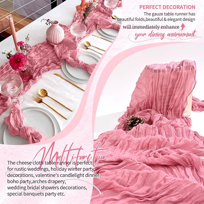 Showgeous 2 Pack Dusty Rose Cheesecloth Table Runners Boho Wedding Decor | - Image 6