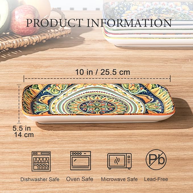 Henten Home Ceramic 10 Inch Salad Plates, Colorful Rectangular Plate Set of 6 - Image 2